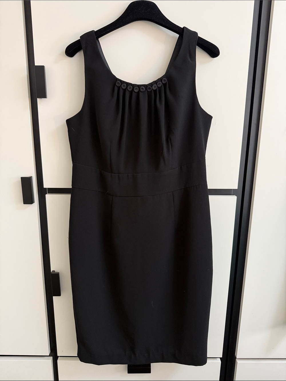 cleo Black Sleeveless Sheath Dress with Button Detailing